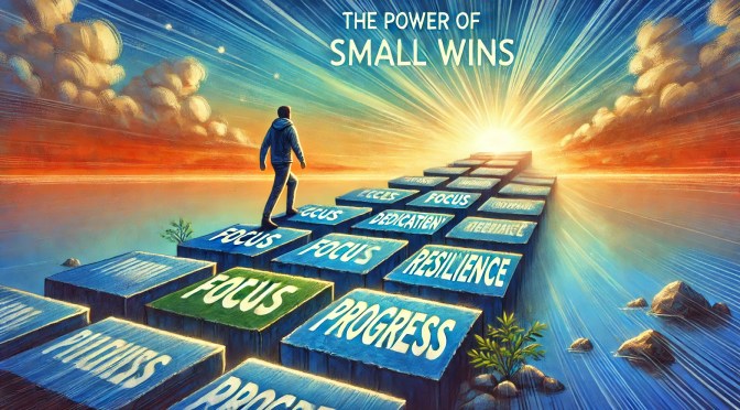 An SEO-optimized, professional featured image illustrating the concept of 'The Power of Small Wins.' The image depicts a person ascending a path made of stepping stones, each stone labeled with words like 'Focus,' 'Dedication,' 'Resilience,' and 'Progress.' The background features a vibrant sunrise, symbolizing growth and achievement, with a clear, inspiring sky. The color palette includes uplifting shades of blue, orange, and yellow, designed to catch attention and evoke motivation. Perfect for a motivational blog post featured image.