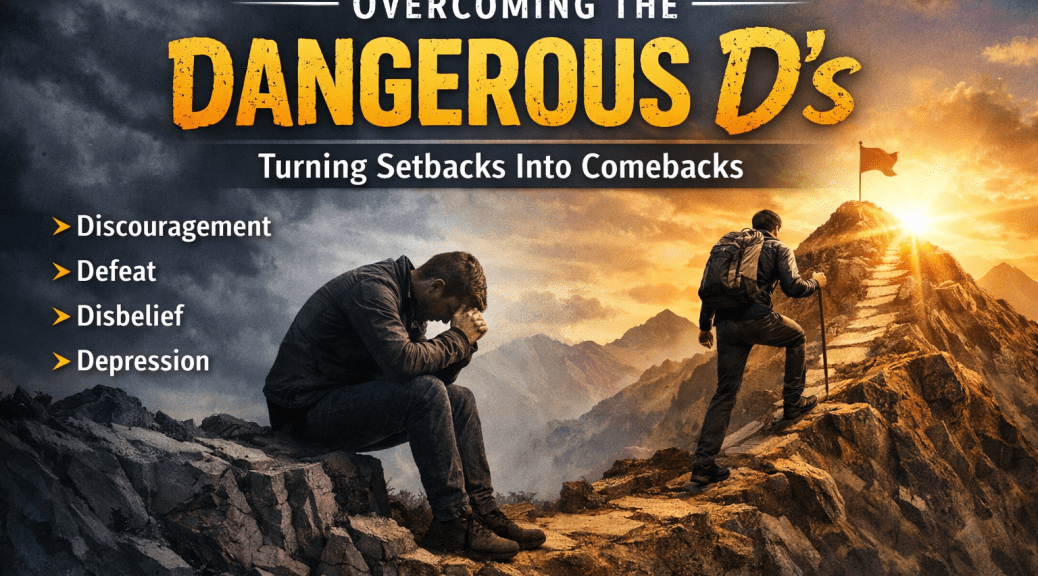 A motivational illustration showing a man sitting in despair on a dark mountain ledge, symbolizing discouragement and depression, beside a brighter scene where the same man climbs a sunlit mountain path toward a peak with a flag, representing recovery and personal growth. Text overlay reads “Overcoming the Dangerous D’s – Turning Setbacks Into Comebacks” with a list of discouragement, defeat, disbelief, and depression.