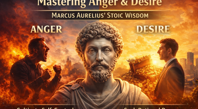 Digital illustration featuring a marble bust of Marcus Aurelius centered between two contrasting scenes — on the left, a man consumed by anger amid flames and city chaos; on the right, a businessman gazes at treasure symbolizing desire. The image promotes Stoic self-control and purpose-driven living.