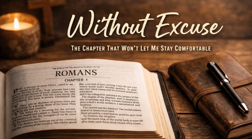 Open Bible to Romans chapter 1 on a wooden table with a candle, cross, journal, and pen, featuring the text “Without Excuse: The Chapter That Won’t Let Me Stay Comfortable.”