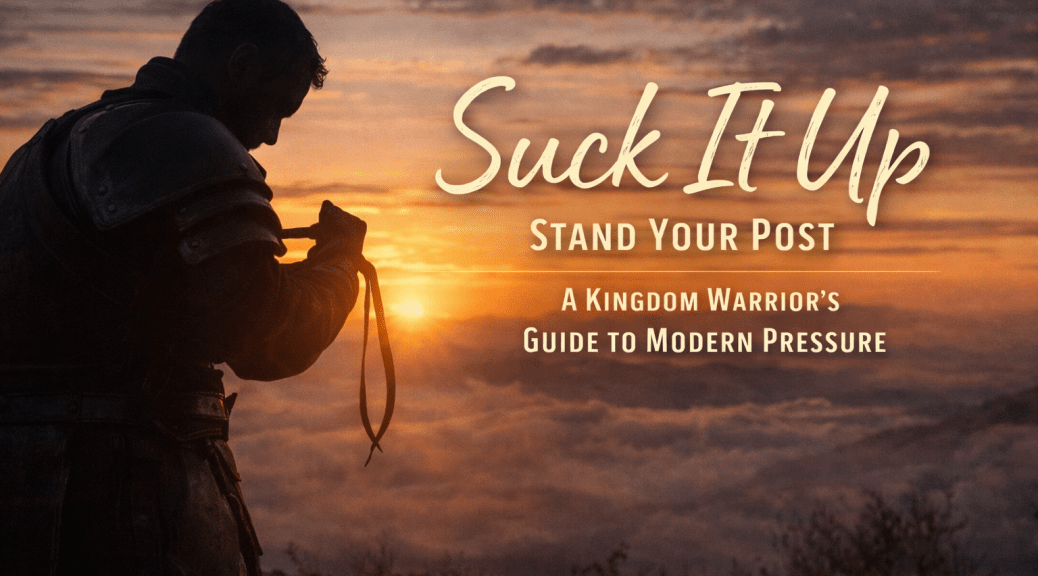Silhouetted warrior adjusting a strap at sunrise over misty mountains with overlaid text reading “Suck It Up,” “Stand Your Post,” and “A Kingdom Warrior’s Guide to Modern Pressure.”