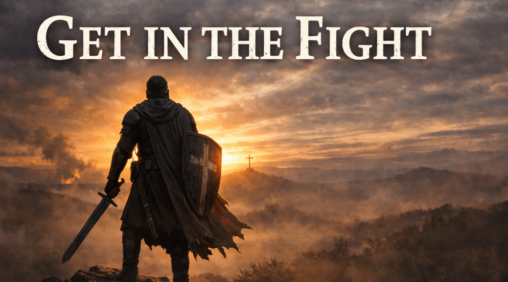 A lone Christian warrior standing firm at dawn, symbolizing courage, faith, and spiritual resolve in the battle between good and evil.