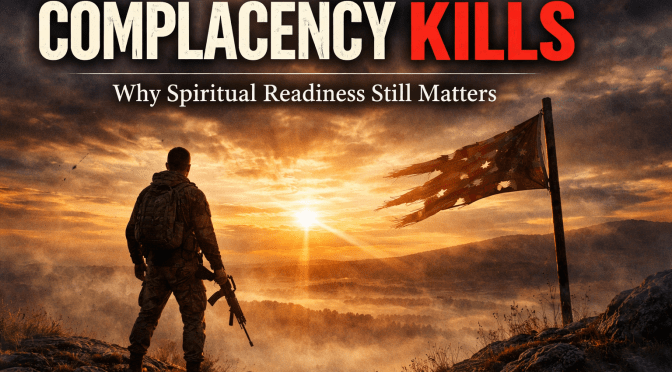 A lone figure standing watch at dawn, symbolizing spiritual vigilance, courage, and readiness in the battle between good and evil.