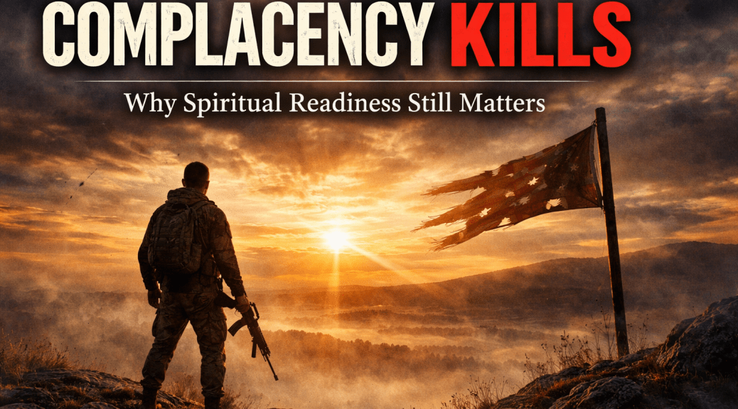 A lone figure standing watch at dawn, symbolizing spiritual vigilance, courage, and readiness in the battle between good and evil.