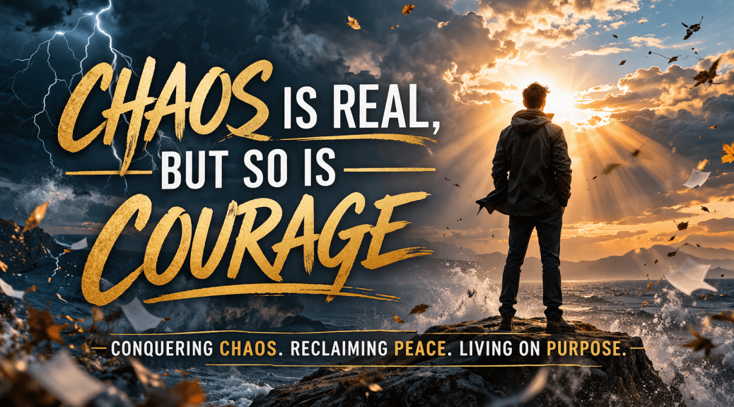 A calm figure standing strong in the middle of a storm, symbolizing courage, peace, and clarity in a chaotic world.