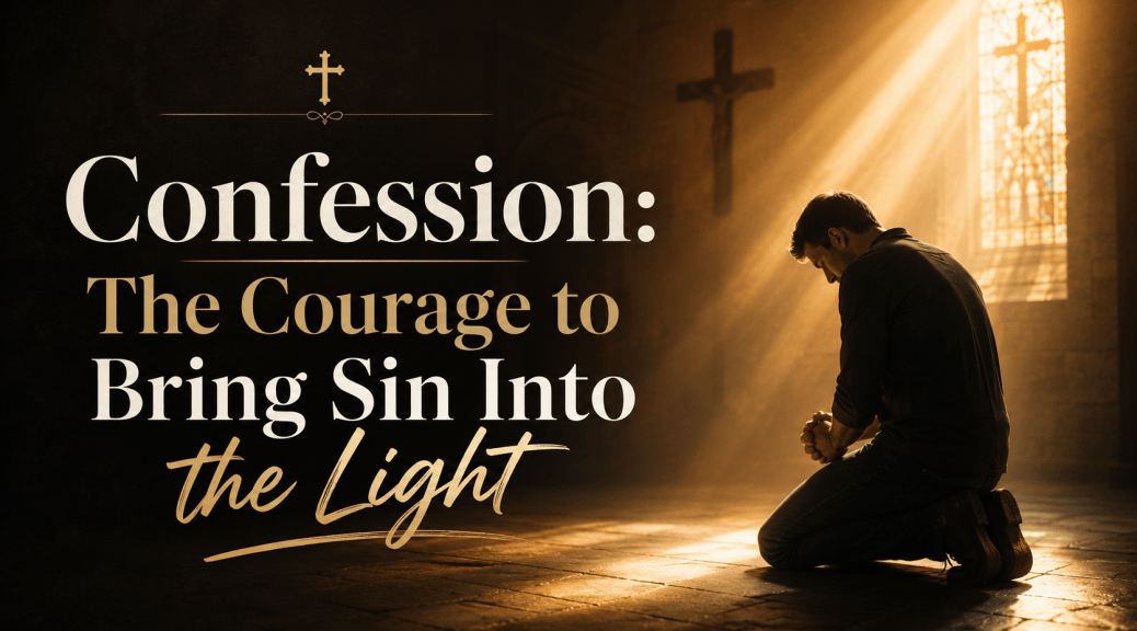 A man kneels in prayer inside a dimly lit church as golden light shines through a stained-glass window beneath the title, “Confession: The Courage to Bring Sin Into the Light.”