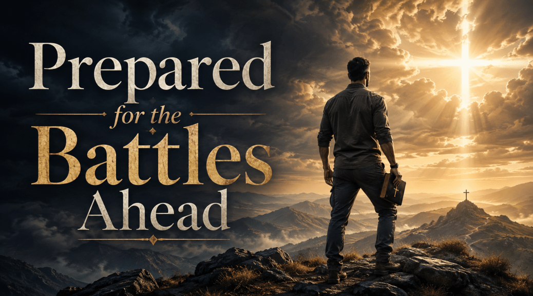 A man holding a Bible stands on a rugged mountain overlooking a distant cross as light breaks through storm clouds beneath the title, “Prepared for the Battles Ahead.”