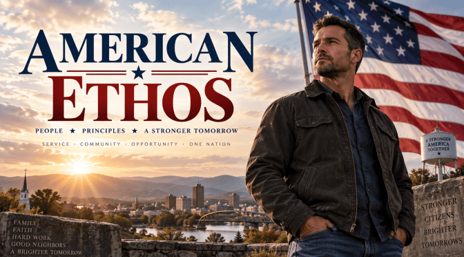 A man stands confidently before a waving American flag at sunrise, overlooking a small American town beneath the title “American Ethos,” symbolizing patriotism, faith, community service, and personal responsibility.