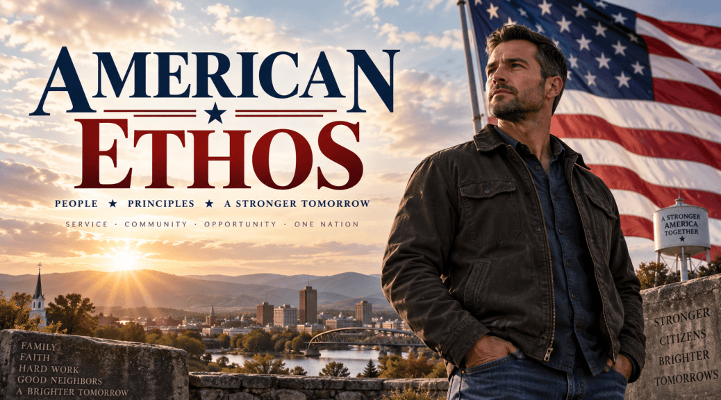 A man stands confidently before a waving American flag at sunrise, overlooking a small American town beneath the title “American Ethos,” symbolizing patriotism, faith, community service, and personal responsibility.