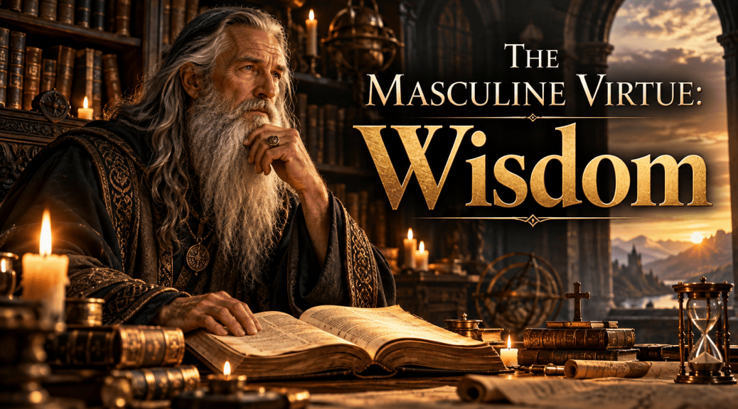 A wise elderly wizard with a long gray beard sits at a candlelit desk surrounded by ancient books, scrolls, and scholarly instruments beneath the title, “The Masculine Virtue: Wisdom.”