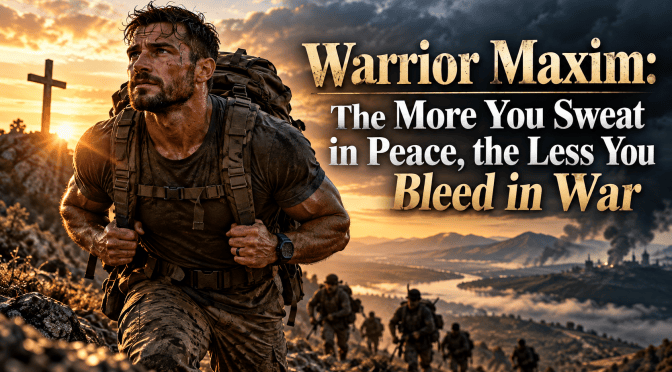A rugged, athletic man carries a heavy rucksack up a rocky mountain at sunrise while fellow soldiers train behind him beneath the title, “Warrior Maxim: The More You Sweat in Peace, the Less You Bleed in War.”