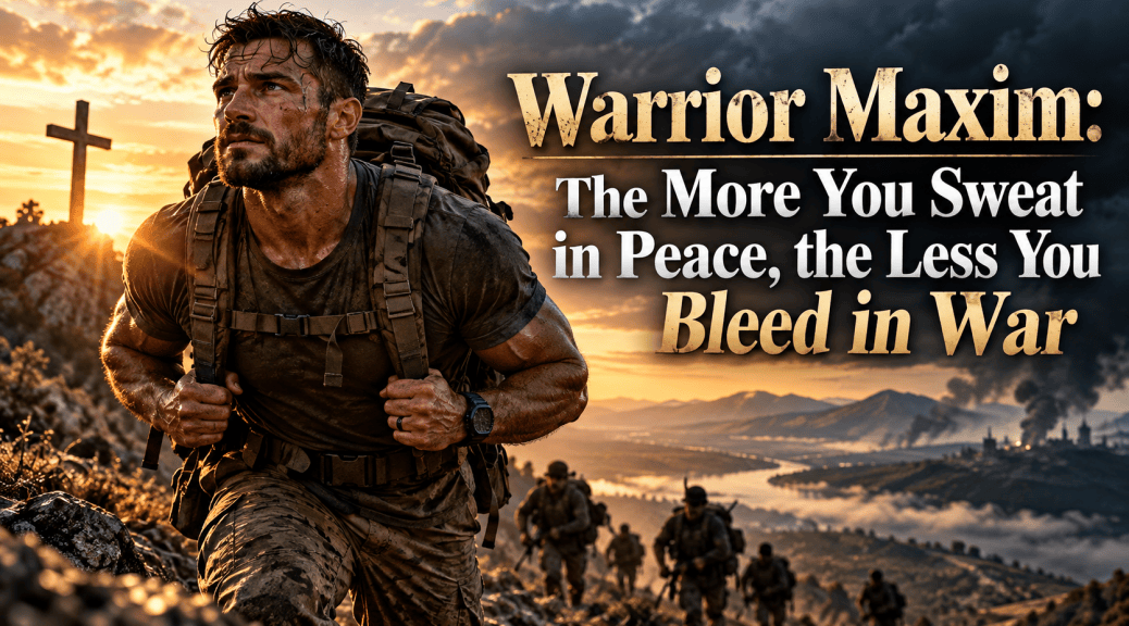 A rugged, athletic man carries a heavy rucksack up a rocky mountain at sunrise while fellow soldiers train behind him beneath the title, “Warrior Maxim: The More You Sweat in Peace, the Less You Bleed in War.”
